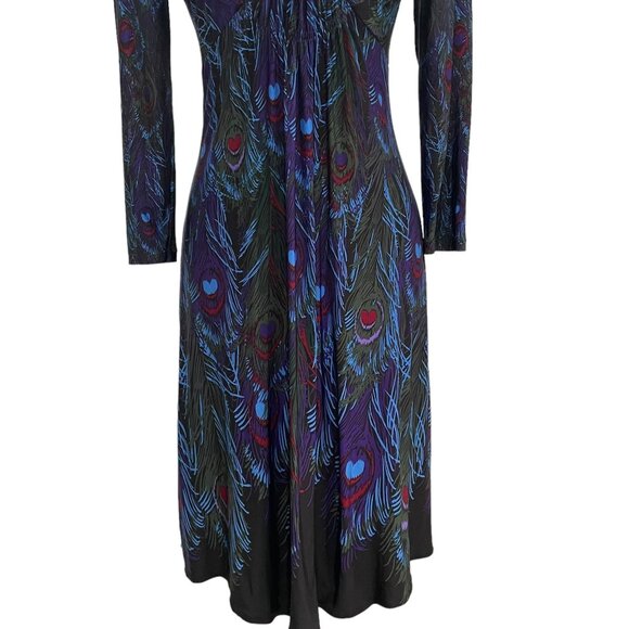 Muse Womens Peacock Feather Print Dress Deep V-Neck Sz 6 Boho Chic Evening Wear - Picture 6 of 11